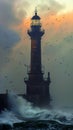 Enchanting Lighthouse: A Colorful Dusk in Misty Cleveland City w