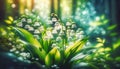 Enchanting lily of the valley flowers glow in the magical forest light