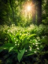 Enchanting Lily of the Valley in a Sunlit Fairy Forest. Generative AI