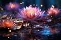 Enchanting lotus blooms atop shimmering waters, a magical aquatic wonder