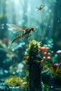 Enchanting Macro Shot of Dragonflies in Misty Forest with Mushrooms and Moody Lighting