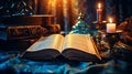 Enchanting and magical illuminated ancient book with shining pages resting on an old wooden table Royalty Free Stock Photo