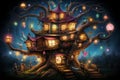 Enchanting magical tree house with beautiful glowing lights and lanterns, illuminated throughout the night