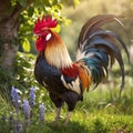 Proud and majestic rooster returning to its coop