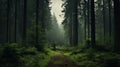 Enchanting Misty Forest Path In Dark Brown And Emerald
