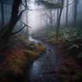 Enchanting Misty Forest with Winding Stream