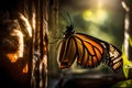 An enchanting monarch butterfly emerging from its chrysalis in a controlled, sunlit laboratory setting