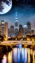 Enchanting Moonlit cityscape illustration Artificial Intelligence artwork generated