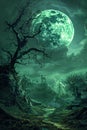 Enchanting Moonlit Fantasy Landscape with Majestic Green Moon over Mysterious Ancient Ruins and Spooky Trees