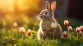 Enchanting Morning Encounter: Adorable Rabbit Sniffs Vibrant Tulip in Sunlit Garden Royalty Free Stock Photo