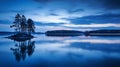 Enchanting Blue Hour: Tranquil Island With Mirrored Trees