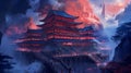 Enchanting Mountain Temple. Beautiful Chinese Temple Wallpaper in Dark Azure and Crimson. Generative AI