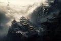 An enchanting mountain town, nestled among the clouds, offers a breathtaking aerial view, A mountain temple lost in the fog, AI Royalty Free Stock Photo