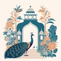 Enchanting Mughal Garden: A Splendid Display of Peacocks, Archways, and Lush Floral Illustrations, generative AI