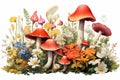 Enchanting Mushroom flowers illustration field. Generate Ai