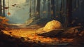 Enchanting Mushroom: A Golden Hued Concept Art In An Autumn Forest
