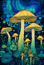 Enchanting Mushroom Meadows: A Dreamy Blue Illustration of Vibra