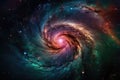 Enchanting and mystical image of a spiral galaxy with a bright and colorful aura, radiating energy and wonder