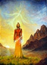 An enchanting mystical priestess with a sword of light in a land