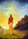 An enchanting mystical priestess with a sword of light and phoenix bird, graphic effect.