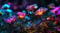 An enchanting neon flower garden with vibrant blooms glowing in the dark