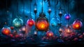 In an enchanting night, a blue flower and glowing pomegranate are framed by colorful lanterns. An underwater world and a floating