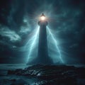 Enchanting night Mystical light beams from an ancient haunted lighthouse