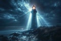 Enchanting night Mystical light beams from an ancient haunted lighthouse