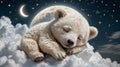 Enchanting Night: Polar Bear Cub Resting Among Celestial Clouds and Moonlit Skies