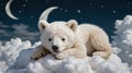 Enchanting Night: Polar Bear Cub Resting Among Celestial Clouds and Moonlit Skies