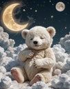 Enchanting Night: Polar Bear Cub Resting Among Celestial Clouds and Moonlit Skies