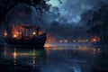 Enchanting Night river boats. Generate Ai Royalty Free Stock Photo