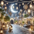 An enchanting night scene of a beautifully illuminated pathway with lanterns, crescent moon, and stars. Royalty Free Stock Photo