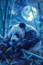 Enchanting Night Scene with Dreamy Panda Amidst Luminous Stars and Full Moon