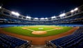 Enchanting night scene of an illuminated baseball stadium with empty stands and a radiant diamond. Royalty Free Stock Photo