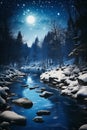 Enchanting Night: A Snowy Forest by the River, Illuminated by a Royalty Free Stock Photo