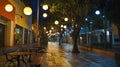 Enchanting night street lined with decorative lights and benches Royalty Free Stock Photo