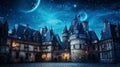 Ancient castle in misty hills under starry night sky, magical fantasy landscape, backgrounds, banner Royalty Free Stock Photo