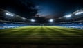 Enchanting night view of empty soccer stadium with captivatingly illuminated professional field Royalty Free Stock Photo