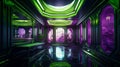 Futuristic Interior: Shimmering Walls in Chartreuse Green and Violet Purple with 8K HD Wallpaper
