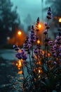 Enchanting Nightscape: A Serene Fusion of Purple Flowers, Rain