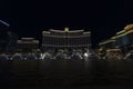 Enchanting nighttime panorama of the mesmerizing fountains at the Bellagio casino hotel.