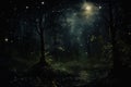 Enchanting Nocturnal Palette: A Serene Forest Stream in the Eeri