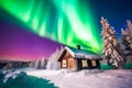 The enchanting Northern lights, the Aurora borealis, create a breathtaking spectacle above the wooden house nestled