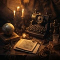 Enchanting Nostalgia: A Dark Fantasy Typewriter Illuminated By Candlelight