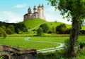 Enchanting old fairytale castle on a top of a hill