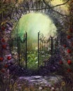 Enchanting Old Garden Gate with Ivy and Flowers Royalty Free Stock Photo