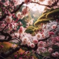 Japanese cherry blossom blooms in oriental garden environment