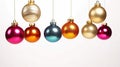 Enchanting Ornaments, Gleaming Christmas Balls Suspended in Air, Infusing the White Background with Holiday Magic. Generative AI