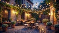 Enchanting Outdoor Dining Experience A Generative AI Rendering of a Magical Patio Night Featuring String Lights Tables Royalty Free Stock Photo
